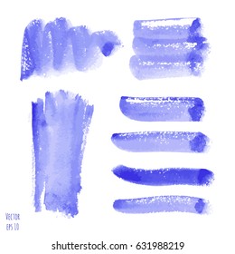 Vector set of violet, purple watercolor hand painted texture backgrounds isolated on white. Abstract collection of acrylic dry brush strokes, stains, spots, blots, lines. Grunge illustration, drawing