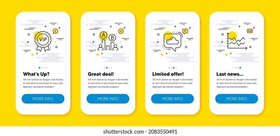 Vector set of Vip award, Ab testing and Cloud communication line icons set. UI phone app screens with line icons. Diagram chart icon. Exclusive privilege, Test chart, Online message. Vector