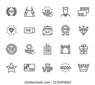 Vector set of vip line icons. Contains icons vip card, exclusive, diamond, pass, vip customer, red carpet, vip service and more. Pixel perfect.