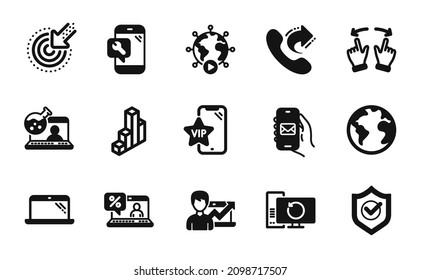 Vector set of Vip phone, Approved shield and Online loan icons simple set. World planet, Success business and Laptop icons. Video conference, Phone repair and Online chemistry signs. Vector