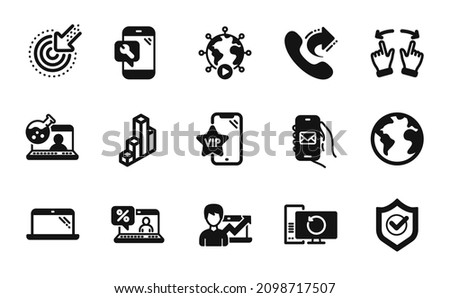 Vector set of Vip phone, Approved shield and Online loan icons simple set. World planet, Success business and Laptop icons. Video conference, Phone repair and Online chemistry signs. Vector