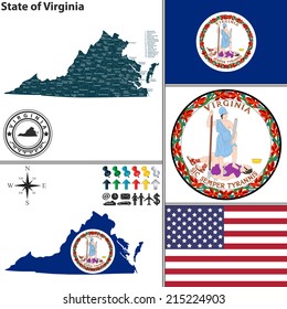 Vector set of Virginia state with seal and icons on white background