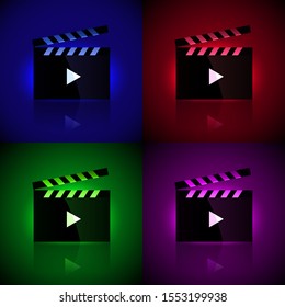 Vector set of virtual clapboards. Dark blue, red, green and purple colors. Square icons. Black display frame with a play button. Design for digital video editors, online TV and other mobile media apps