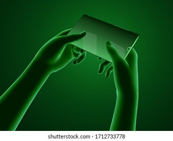 vector set of virtual hands holding a mobile phone. easily replaceable model and screen content