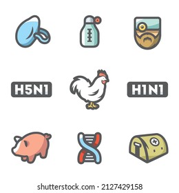 Vektorset von Virus-Symbolen. Atmung, Thermometer, Küken, Temperatur, Vogelgrippe und Schweinegrippe, Zellen, Krankenhaus.