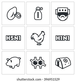 Vector Set of Virus Icons. Respiratory, Thermometer, Sick, Temperature, Avian and Swine Flu, Cells, Hospital. Virus outbreak and work to eliminate it.