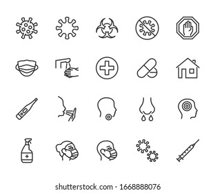 Vector set of virus line icons. Contains icons coronavirus, flu, cough, runny nose, sore throat, prevention, treatment and more. Pixel perfect.