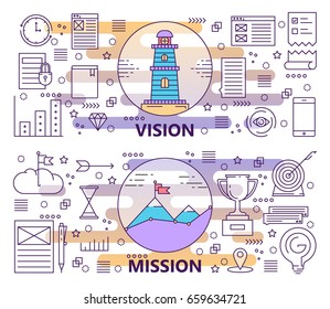 Vector set of Vision and Mission concept banners. Modern thin line flat design elements, icons for web, marketing, presentation and printing.