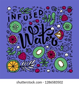 Vector set of vitamin healthy drink Infused water. Artistic illustration of tropic summer friuts, berries, mint and basil. 