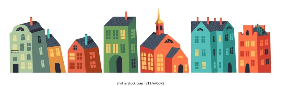 Vector set of vivid isolated buildings. Collection of various houses. Simple irregular shape buildings with tile roofs and chimneys. Doodle graphic. Flat illustrations of lovely multicolor houses