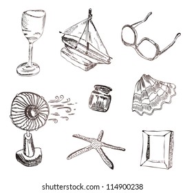 Vector set of vocation icons. Wine glass, boat, sunglasses, fan, shell, picture frame and starfish