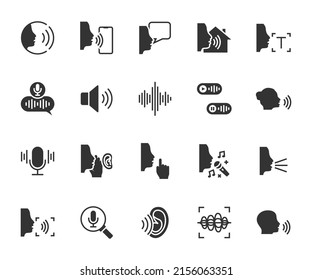 Vector set of voice flat icons. Contains icons voice control, sound, whisper, shout, voice message, singing, sound wave, voice recognition and more. Pixel perfect.