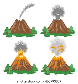 Vector set of volcano eruption illustrations isolated on white. Different stages of volcano activity.