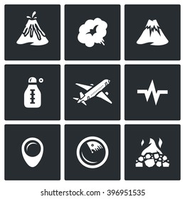 Vector Set of Volcano Icons. Eruption, Smoke, Hill, Temperature, Plane, Seismic, Location, Monitoring, Crater. Prohibition flying aircraft during the eruption of the volcano.