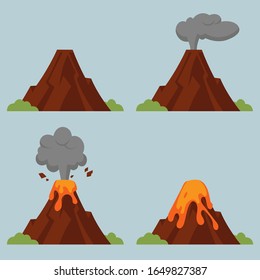 Conjunto vectorial de volcanes de diversos grados de erupción. Ilustración plana con objetos aislados.