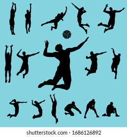 Vector set of volleyball players silhouettes, with many dynamic poses