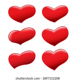 Conjunto vectorial de corazones rojos volumétricos de diferentes formas. Logotipos, valentinas, insignias, stickers.