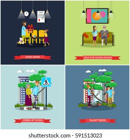 Vector set of voluntary organization services concept posters, banners. Give gifts, Help for older people, Zebra by road, Plant trees design elements in flat style.