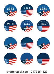 Vector set of vote democrat republican badge button banner pin. United States of America presidential election day 2024. Collection of American style, color, design. Donkey elephant political party, l