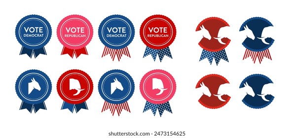 Vector set of vote democrat republican badge button banner pin. United States of America presidential election day 2024. Collection of American style, color, design. Donkey elephant political party, l