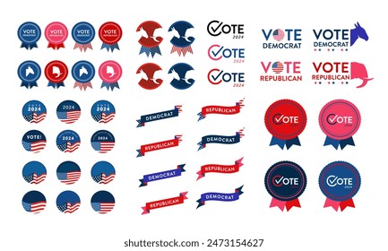 Vector set of vote democrat republican badge button banner pin. United States of America presidential election day 2024. Collection of American style, color, design. Donkey elephant political party, l