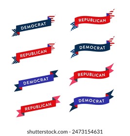 Vector set of vote democrat republican badge button banner pin. United States of America presidential election day 2024. Collection of American style, color, design. Donkey elephant political party, l