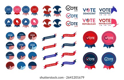 Vector set of vote democrat republican badge button banner pin. United States of America presidential election day 2028. Collection of American style, color, design. Donkey elephant political party.