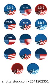 Vector set of vote democrat republican badge button banner pin. United States of America presidential election day 2028. Collection of American style, color, design. Donkey elephant political party.