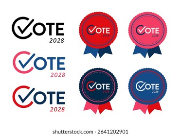 Vector set of vote democrat republican badge button banner pin. United States of America presidential election day 2028. Collection of American style, color, design. Donkey elephant political party.