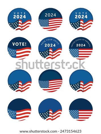 Vector set of vote democrat republican badge button banner pin. United States of America presidential election day 2024. Collection of American style, color, design. Donkey elephant political party, l