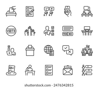 Vector set of voting line icons. Contains icons poll, ballot box, debate, candidate, elect, online poll, ballot, electronic voting and more. Pixel perfect.