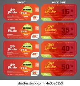 Vector set of vouchers to promote sales with labels and various discounts on a gradient red background.