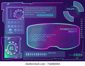 Vector set of vr box, glasses, futuristic panels. HUD interface, display. Neon style