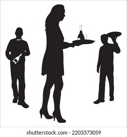Vector Set Of Waiter And Waitress At Restaurant Silhouettes Illustration Isolated On White Background