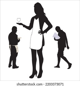 Vector Set Of Waiter And Waitress At Restaurant Silhouettes Illustration Isolated On White Background