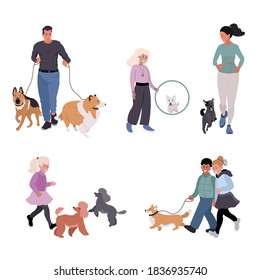 Vector Set Of Walking Big And Small Dogs. A Man Leads A German Shepherd And Collie On A Leash. A Girl Is Training A Puppy. The Woman Runs With The Dog. Children Play And Walk With The Poodle And Corgi