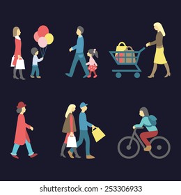 Vector set of walking and shopping people icons in trendy flat style. Collection of different man, woman, child  images.