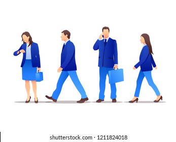 Vector set of walking and standing business characters. International business team. Simple flat design in blue colors.