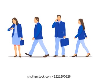 Vector set of walking and standing business characters. International business team. Simple flat design in blue colors.
