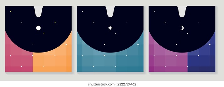 Vektorset der Wandkunst. Künstlerisches Design der Linie der Planeten Sonnensterne mit abstrakter Form. Abstraktes Design astronomischer Kunst für Druck, Deckel, Tapeten, minimale Posterwandkunst