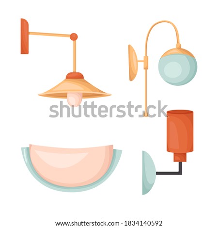 Vector Set of Wall Lamps in Cartoon and Modern style.Decorative Elements for the Home Interior. Collection of Classic Electric Illumination for Room. Indoor objects.Isolated on white background.