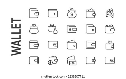 Conjunto de vectores de iconos de línea delgada de cartera. Diseño de 20 pictogramas de infarto. Señales de cartera aisladas en un fondo blanco.