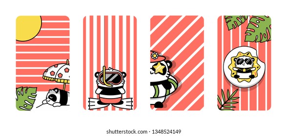 Vector set of wallpaper for the phone, storyies for sosial media. Little cute panda on summer vacation by the sea or pool. Coral color. Kawaii bear