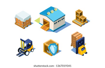 Vector set of warehouse and logistics equipment. Fork loaders, boxes and building. Graphic elements for website. 3D icons