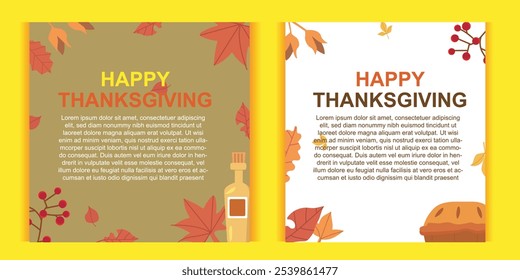 Vektor-Set von warmen Thanksgiving-Karte Designs, mit Elementen wie Herbstblätter, Kürbisse und Dankeschön-Noten. Perfekt für Grußkarten, Social Media, Poster, Karten, Einladungen, Flyer, 