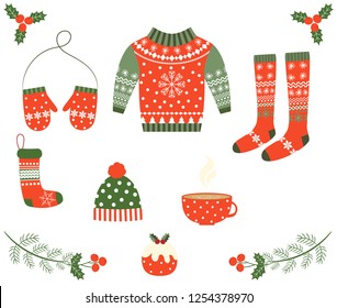 Vector set with warm winter clothes in red and green colors for greeting cards and holiday designs