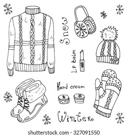 Vector set of warm winter fashion women's clothing. Various objects: a sweater, hand cream, shoes, headphones, hats, mittens, lipstick, snowflakes, an inscription. On a white background