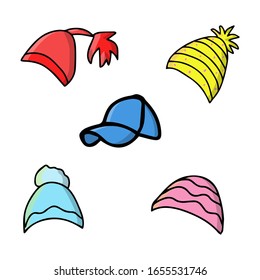 Vector set with Warm winter hat in doodle style. Vector hand drawn illustration.