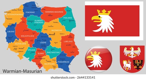 Vector set of Warmia-Masuria Region, Poland, featuring the official flag, coat of arms, and map. Ideal for Polish identity, education, and editorial use.