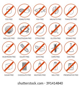 Vector set of warning labels for food allergens (gluten, lactose, etc.) and GMO mollusk. Food intolerance signs, labels, icons for menu, flyers, banner